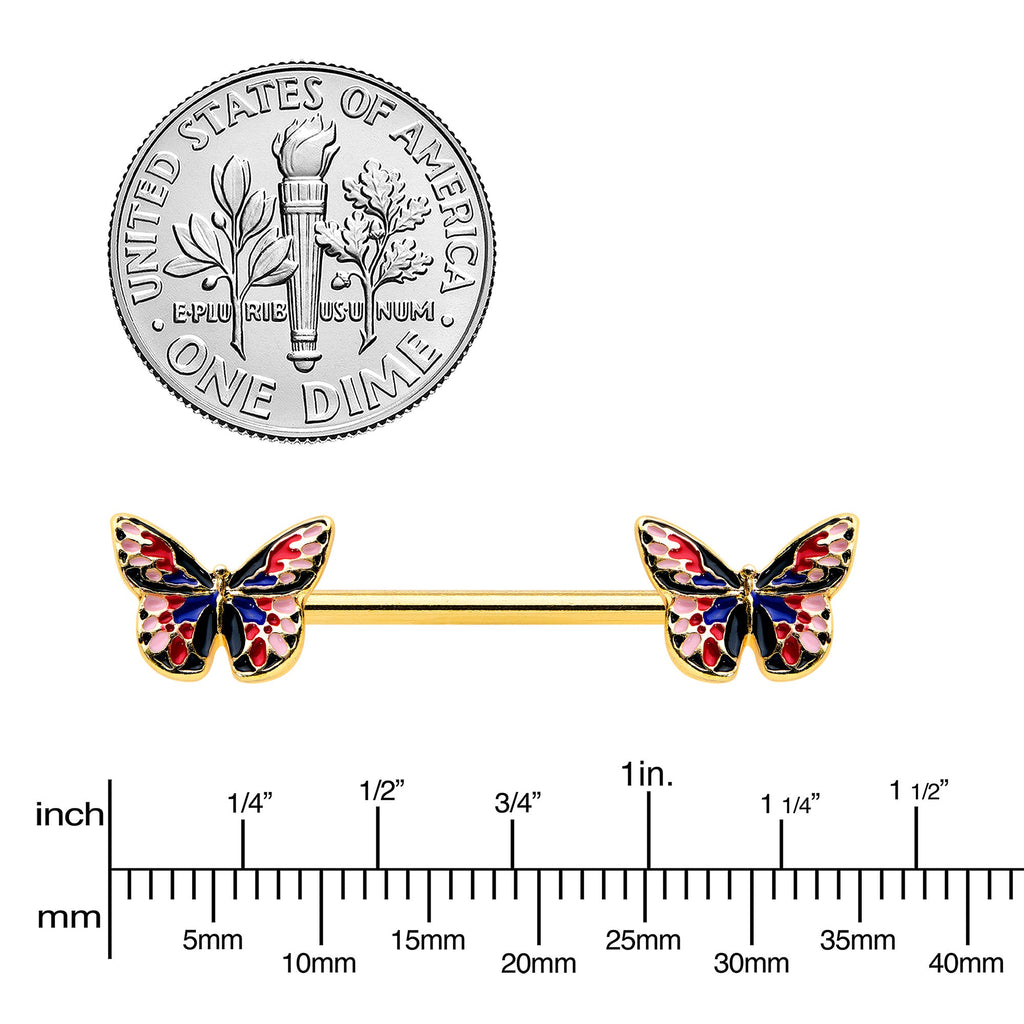 BodyCandy 14G 5/8 Gold Tone Pink Blue Red Butterfly Barbell Nipple Ring Set — lifestyle context