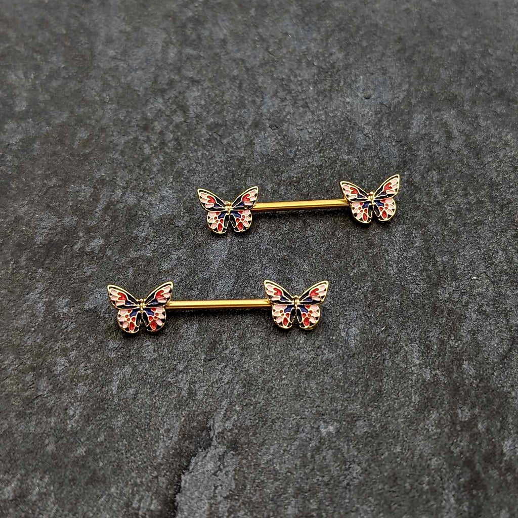 BodyCandy 14G 5/8 Gold Tone Pink Blue Red Butterfly Barbell Nipple Ring Set — side view