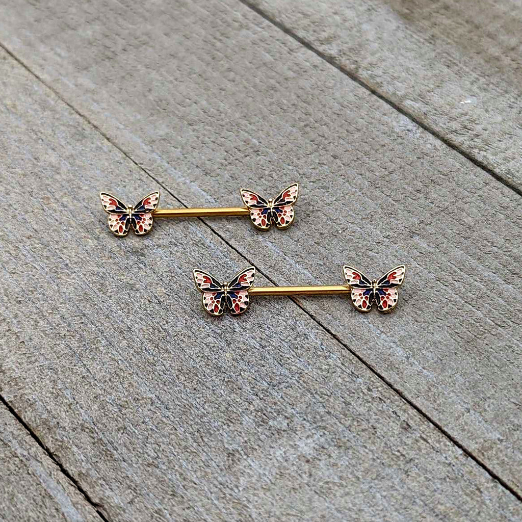 BodyCandy 14G 5/8 Gold Tone Pink Blue Red Butterfly Barbell Nipple Ring Set — back view