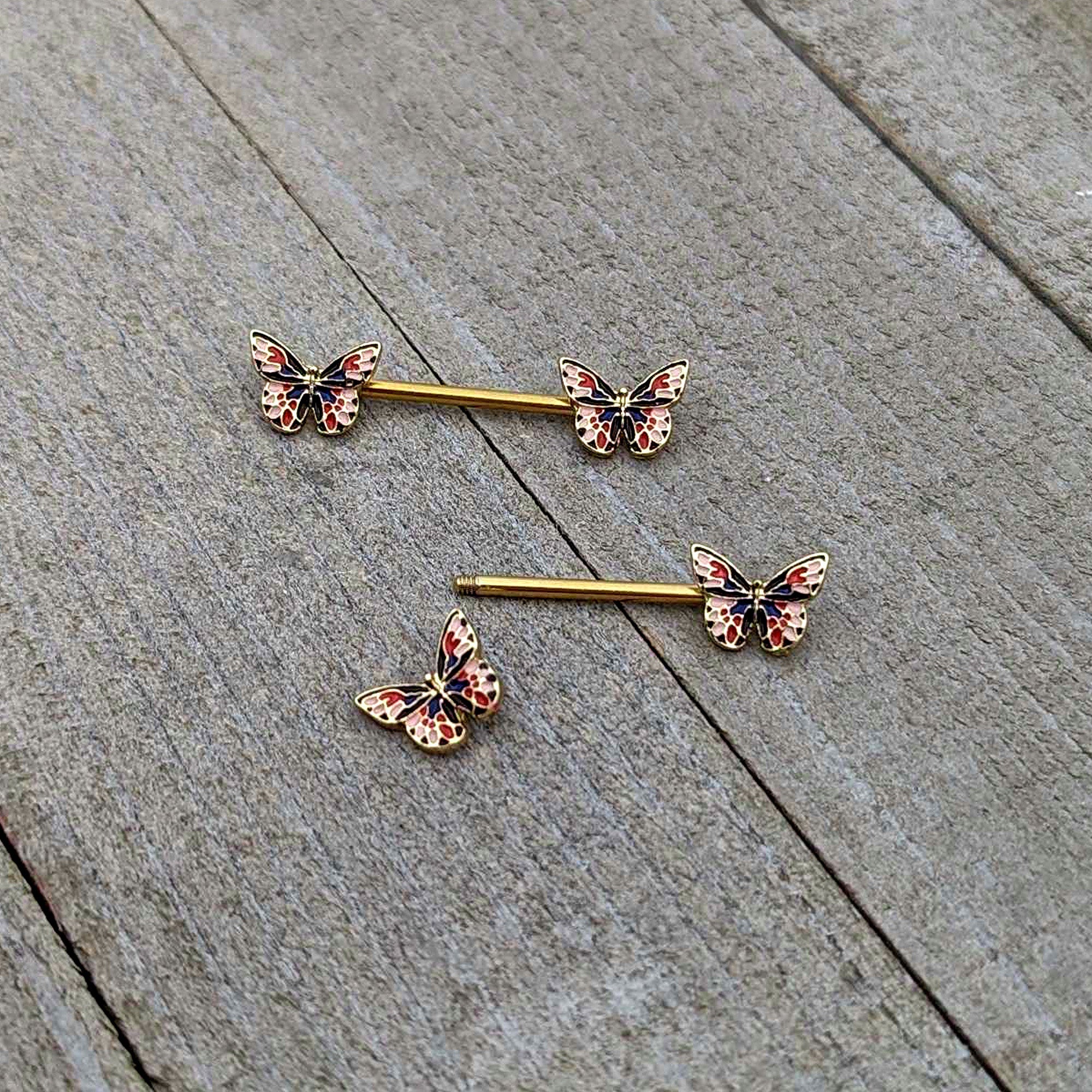 BodyCandy 14G 5/8 Gold Tone Pink Blue Red Butterfly Barbell Nipple Ring Set — alternative angle