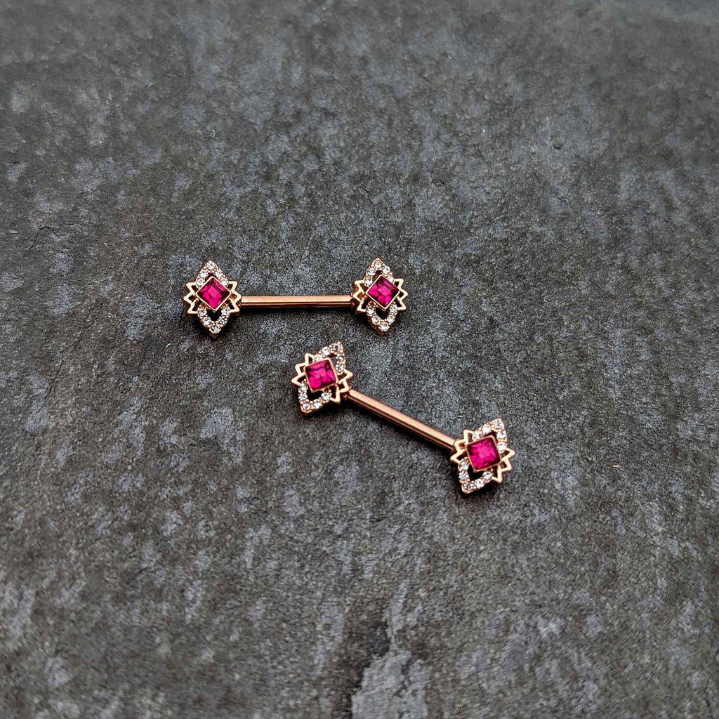 BodyCandy 14G 9/16 Red Gem Rosy Tone Octogram Star Barbell Nipple Ring Set — side view