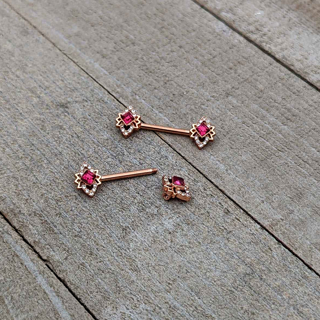 BodyCandy 14G 9/16 Red Gem Rosy Tone Octogram Star Barbell Nipple Ring Set — alternative angle