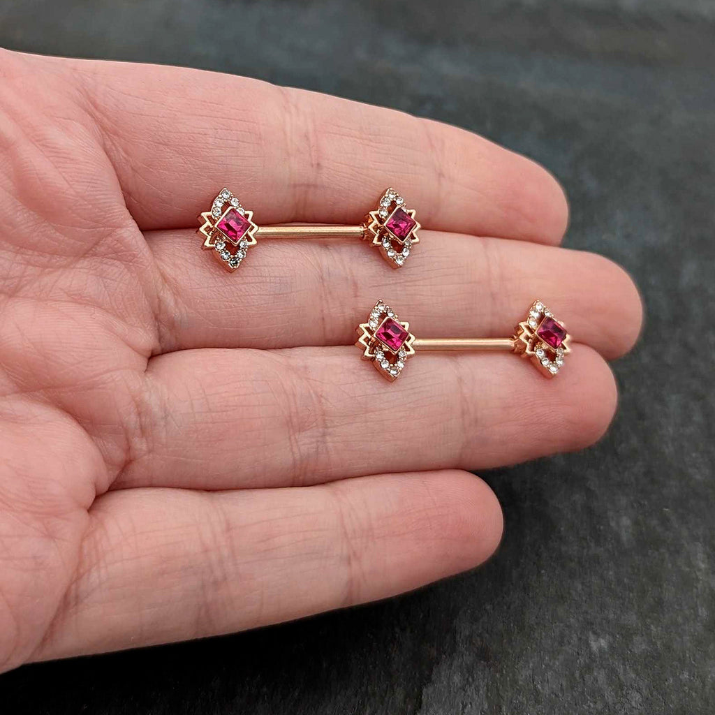 BodyCandy 14G 9/16 Red Gem Rosy Tone Octogram Star Barbell Nipple Ring Set — in-use photo