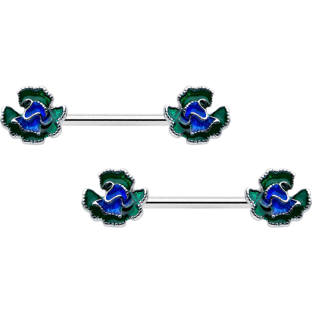 BodyCandy 14G 9/16 Spring Flower Blue Green Barbell Nipple Ring Set — main product shot
