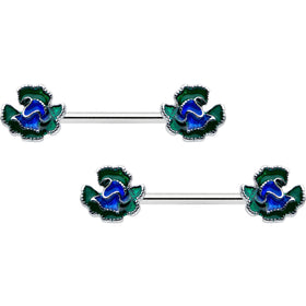 14G 9/16 Spring Flower Blue Green Barbell Nipple Ring Set