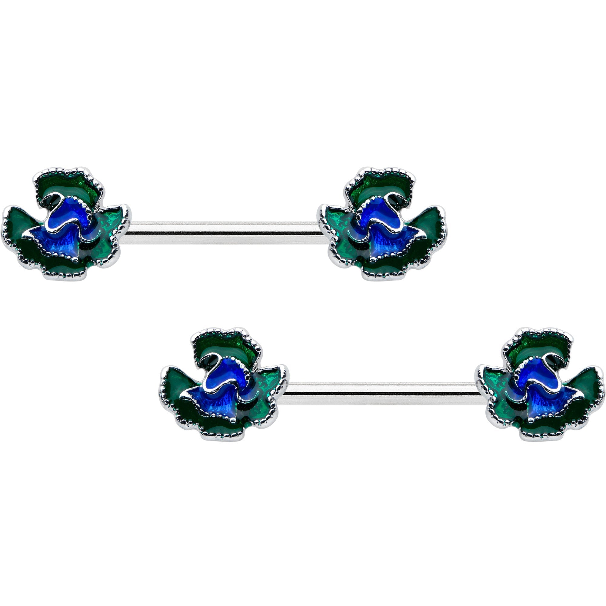 BodyCandy 14G 9/16 Spring Flower Blue Green Barbell Nipple Ring Set — main product shot