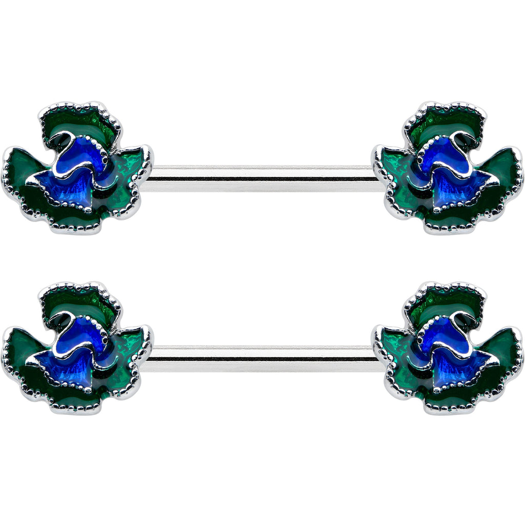 BodyCandy 14G 9/16 Spring Flower Blue Green Barbell Nipple Ring Set — detail close-up
