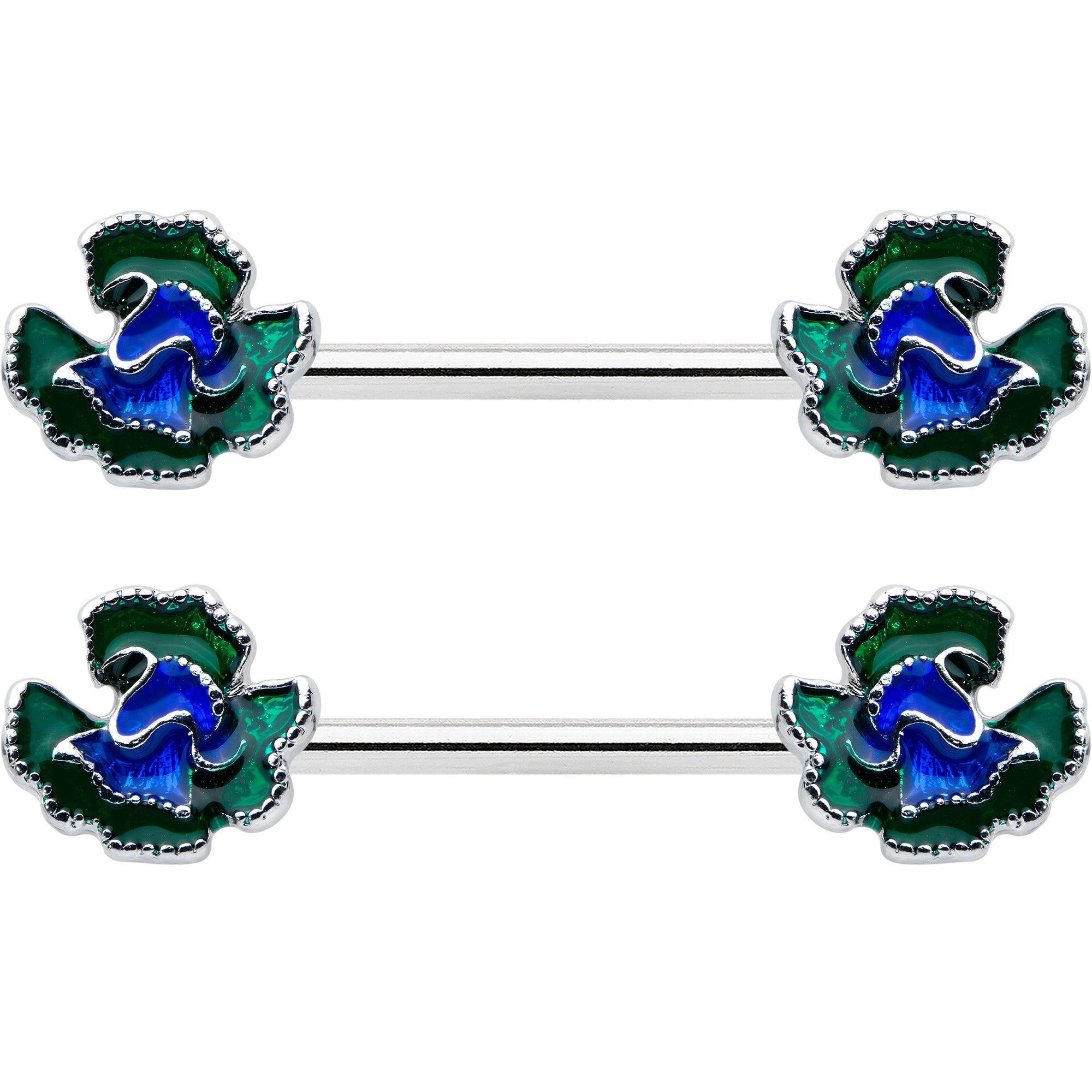 BodyCandy 14G 9/16 Spring Flower Blue Green Barbell Nipple Ring Set — detail close-up