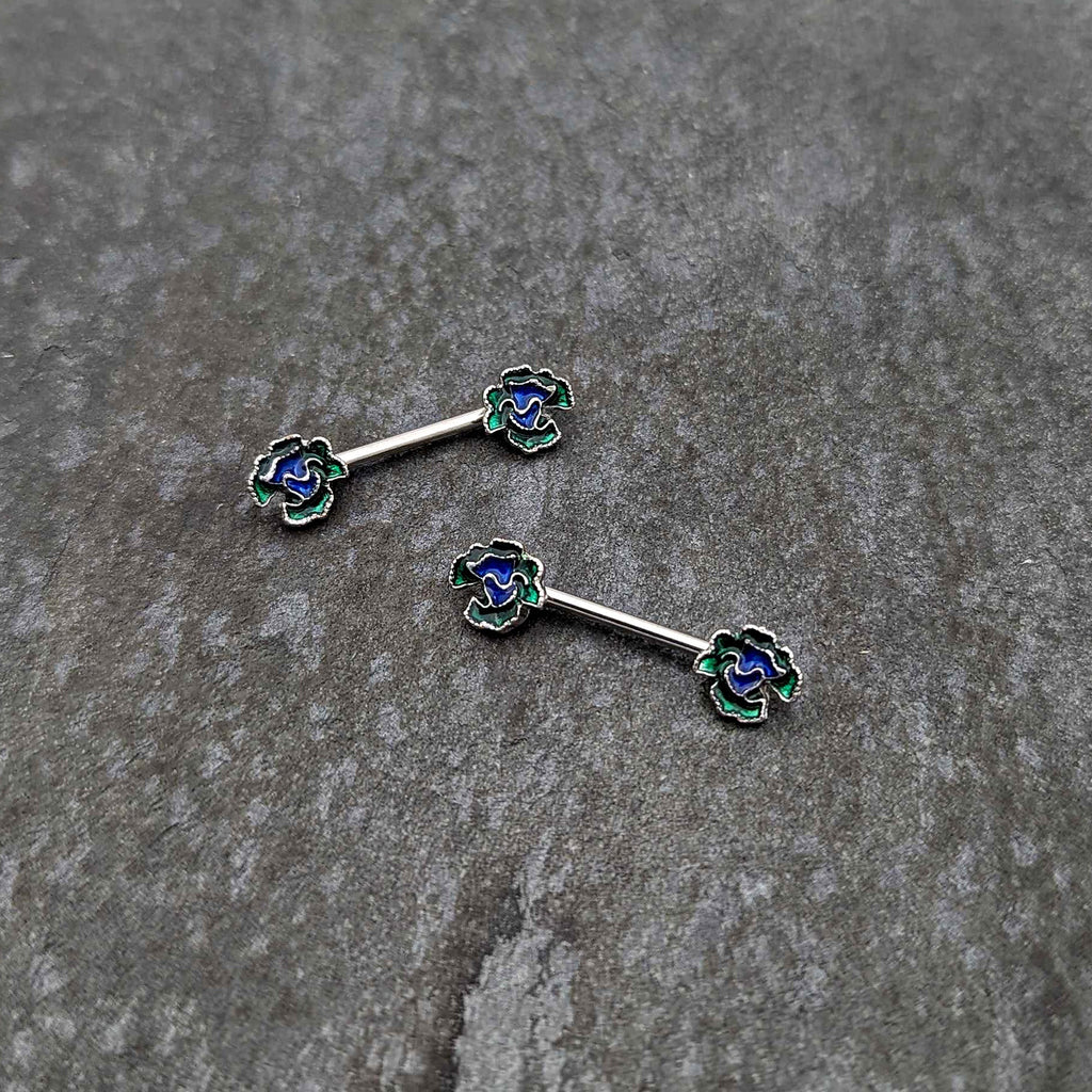 BodyCandy 14G 9/16 Spring Flower Blue Green Barbell Nipple Ring Set — side view