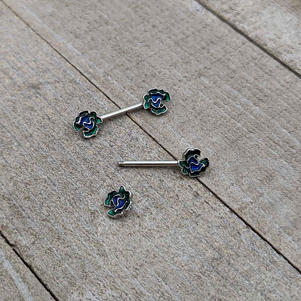 BodyCandy 14G 9/16 Spring Flower Blue Green Barbell Nipple Ring Set — alternative angle