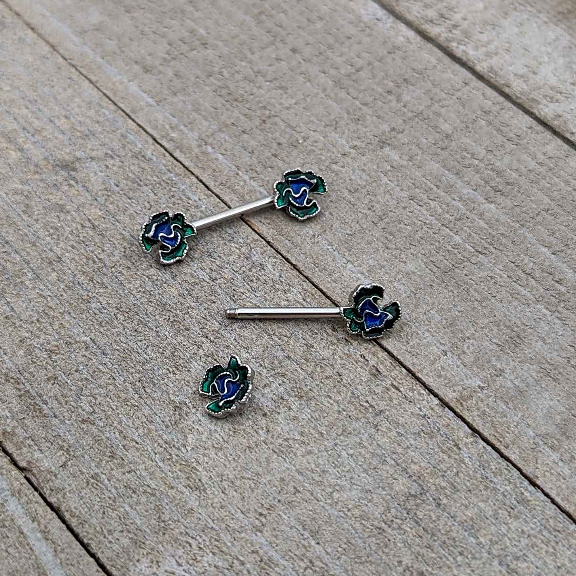 BodyCandy 14G 9/16 Spring Flower Blue Green Barbell Nipple Ring Set — alternative angle