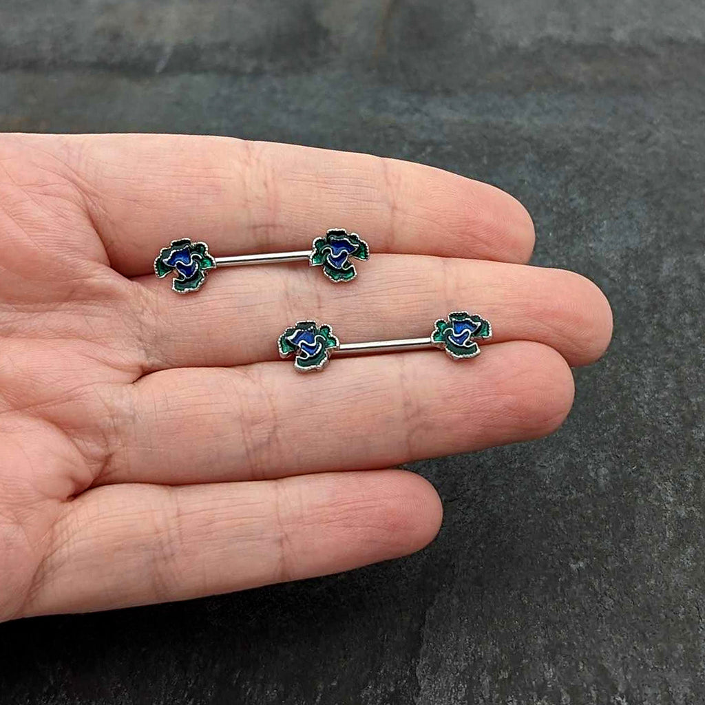 BodyCandy 14G 9/16 Spring Flower Blue Green Barbell Nipple Ring Set — in-use photo