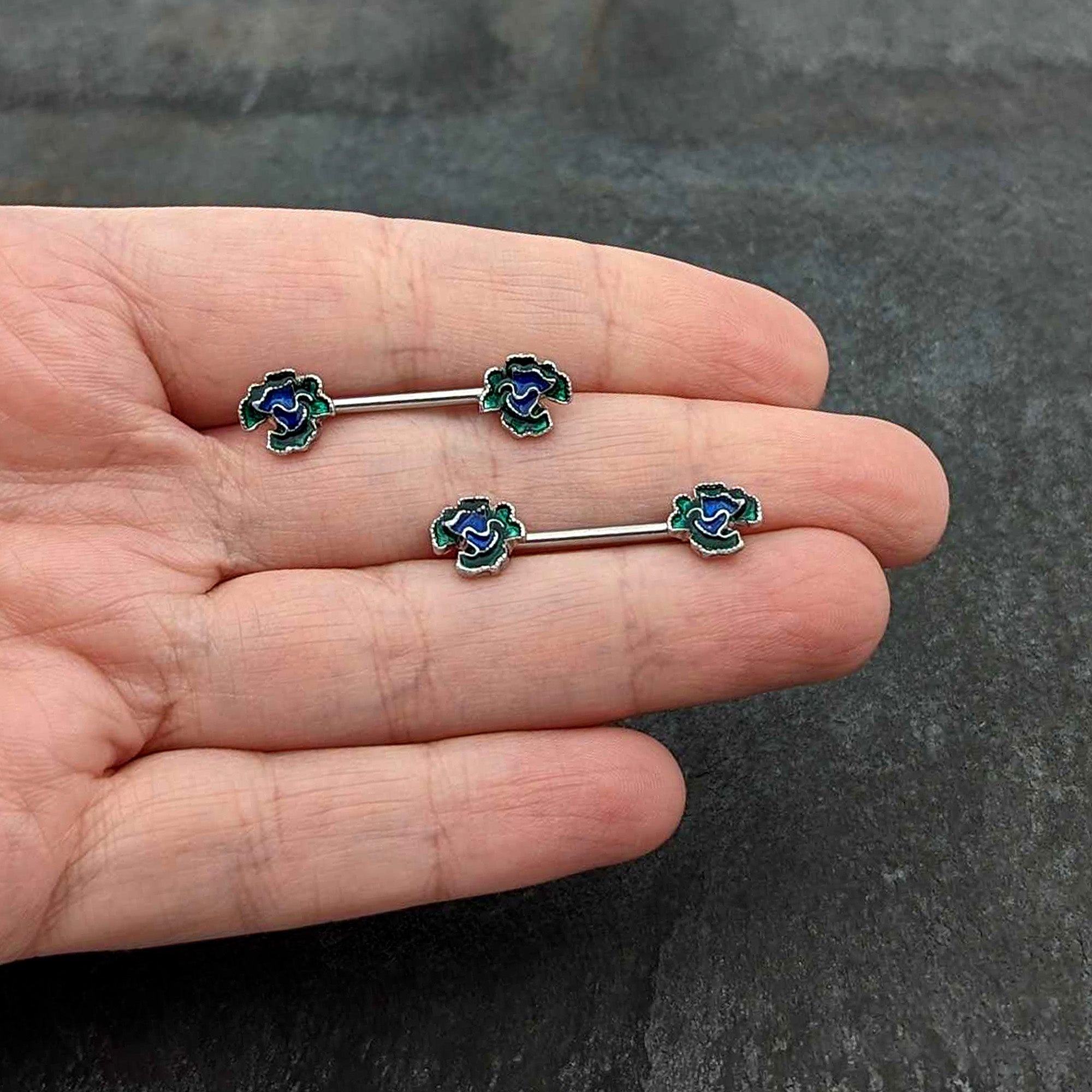 BodyCandy 14G 9/16 Spring Flower Blue Green Barbell Nipple Ring Set — in-use photo