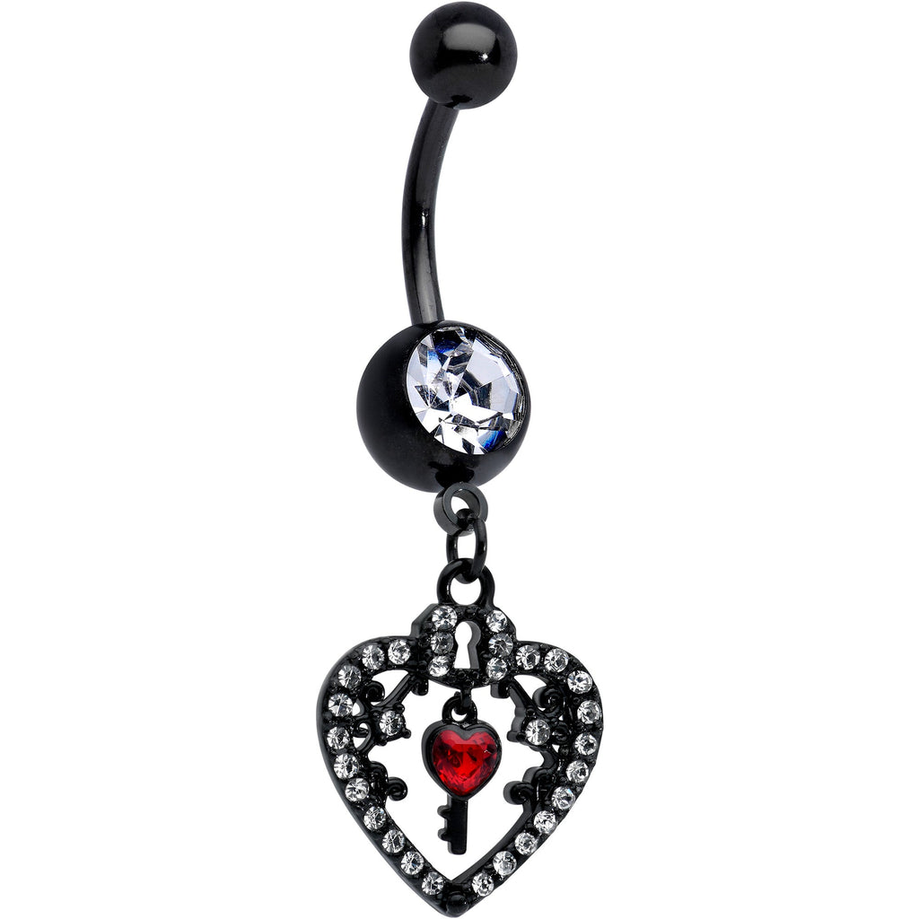 BodyCandy Clear Red Gem Black Heart Key Valentines Dangle Belly Ring — main product shot