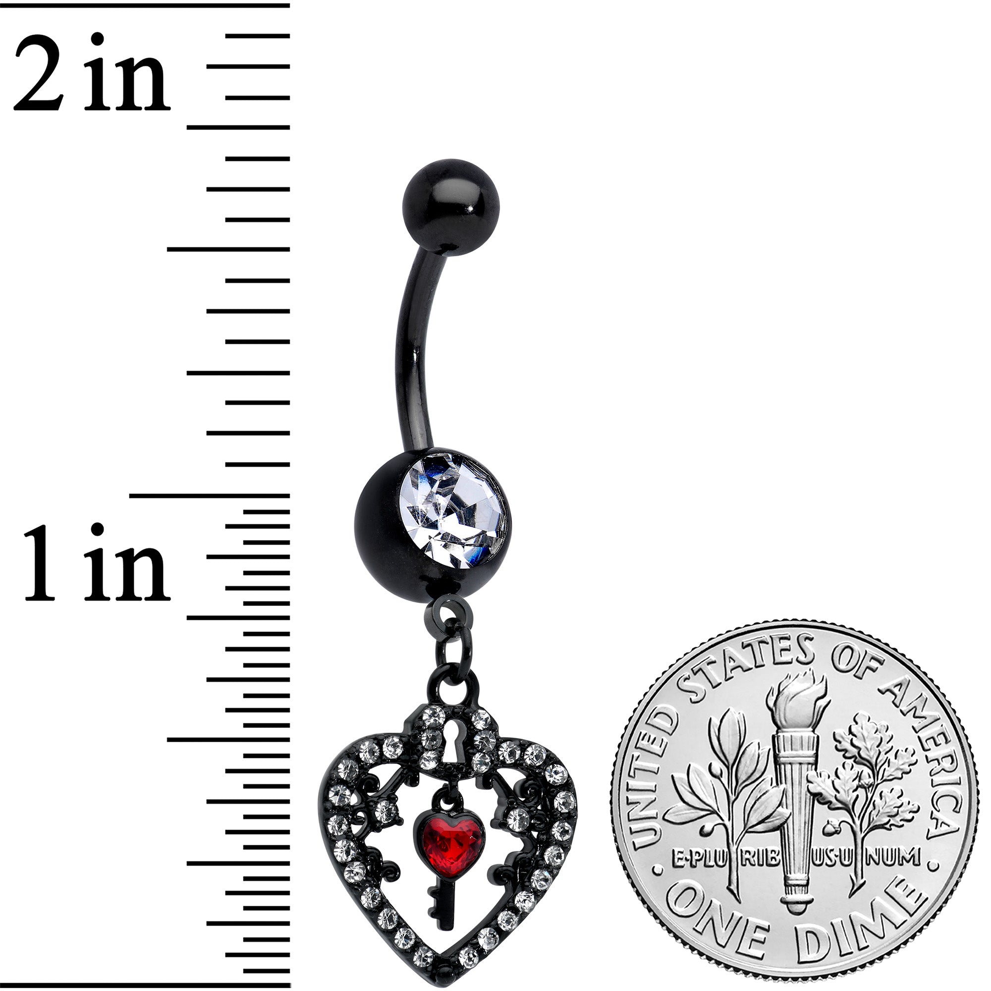 BodyCandy Clear Red Gem Black Heart Key Valentines Dangle Belly Ring — detail close-up