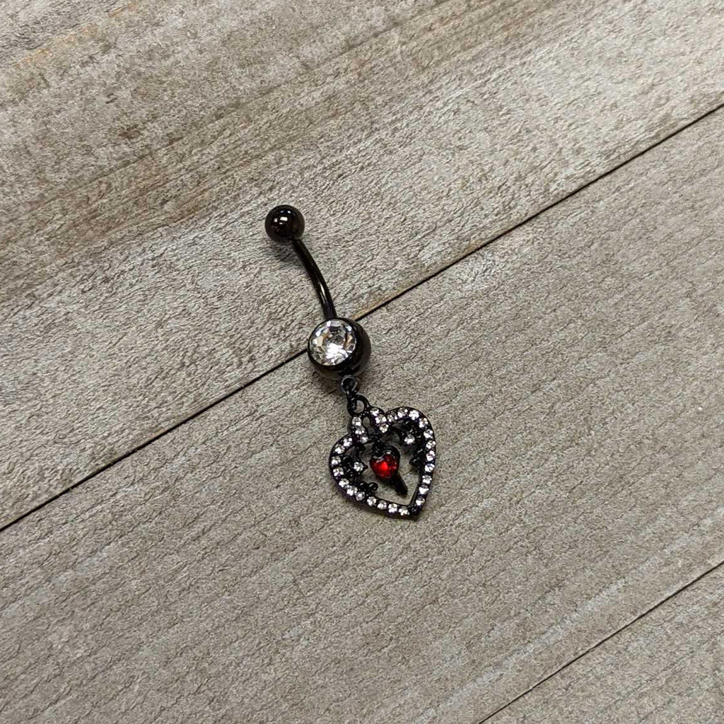 BodyCandy Clear Red Gem Black Heart Key Valentines Dangle Belly Ring — side view