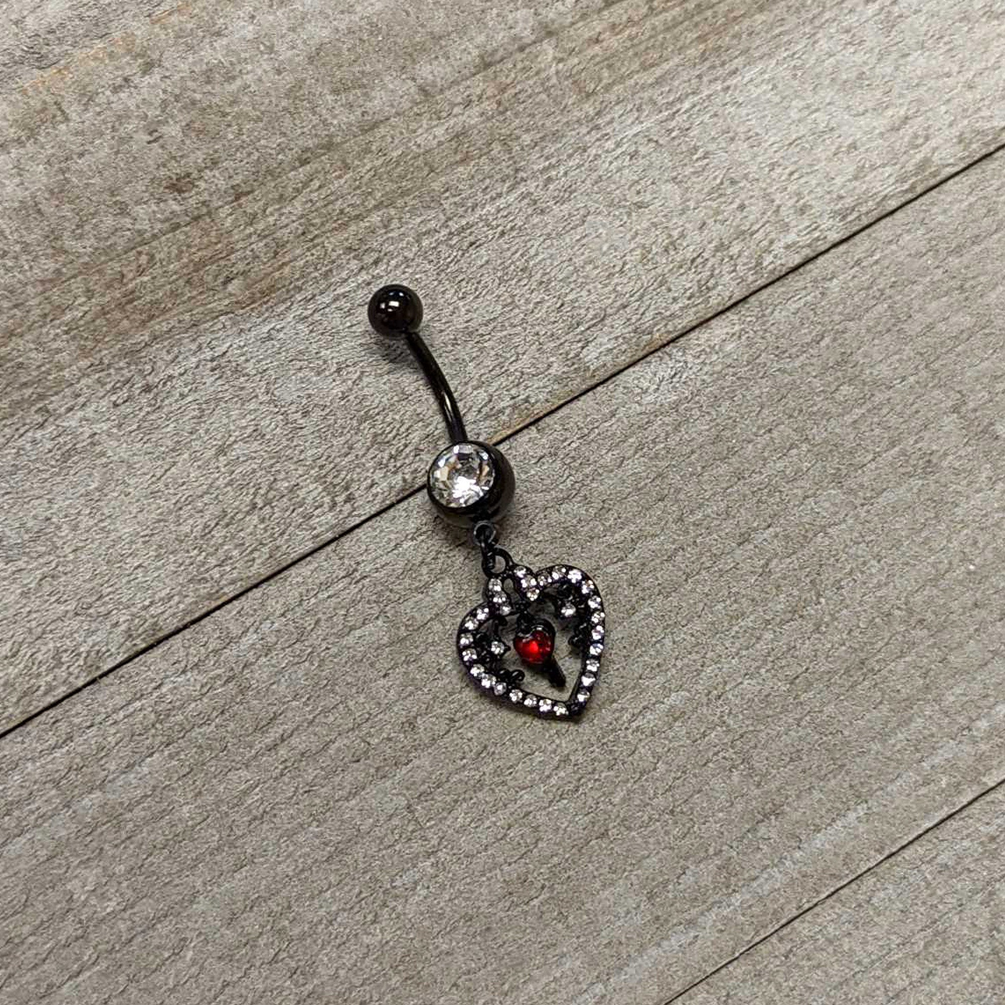 BodyCandy Clear Red Gem Black Heart Key Valentines Dangle Belly Ring — side view