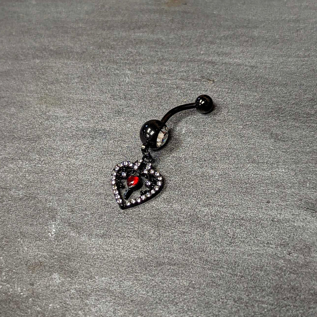 BodyCandy Clear Red Gem Black Heart Key Valentines Dangle Belly Ring — back view