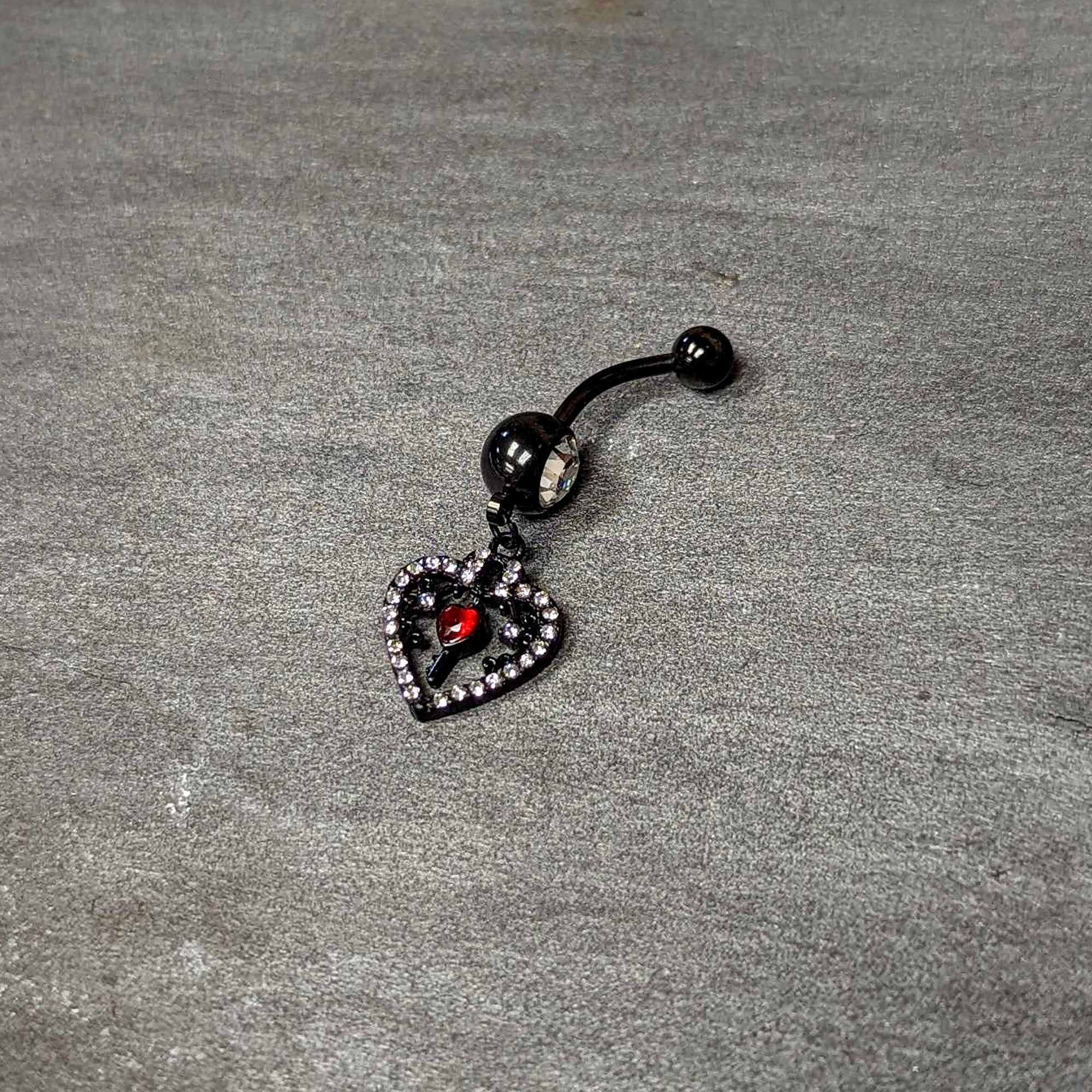BodyCandy Clear Red Gem Black Heart Key Valentines Dangle Belly Ring — back view