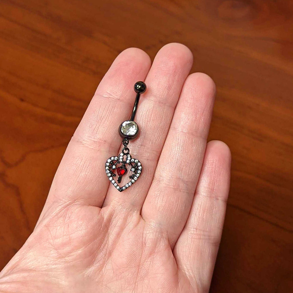 BodyCandy Clear Red Gem Black Heart Key Valentines Dangle Belly Ring — alternative angle