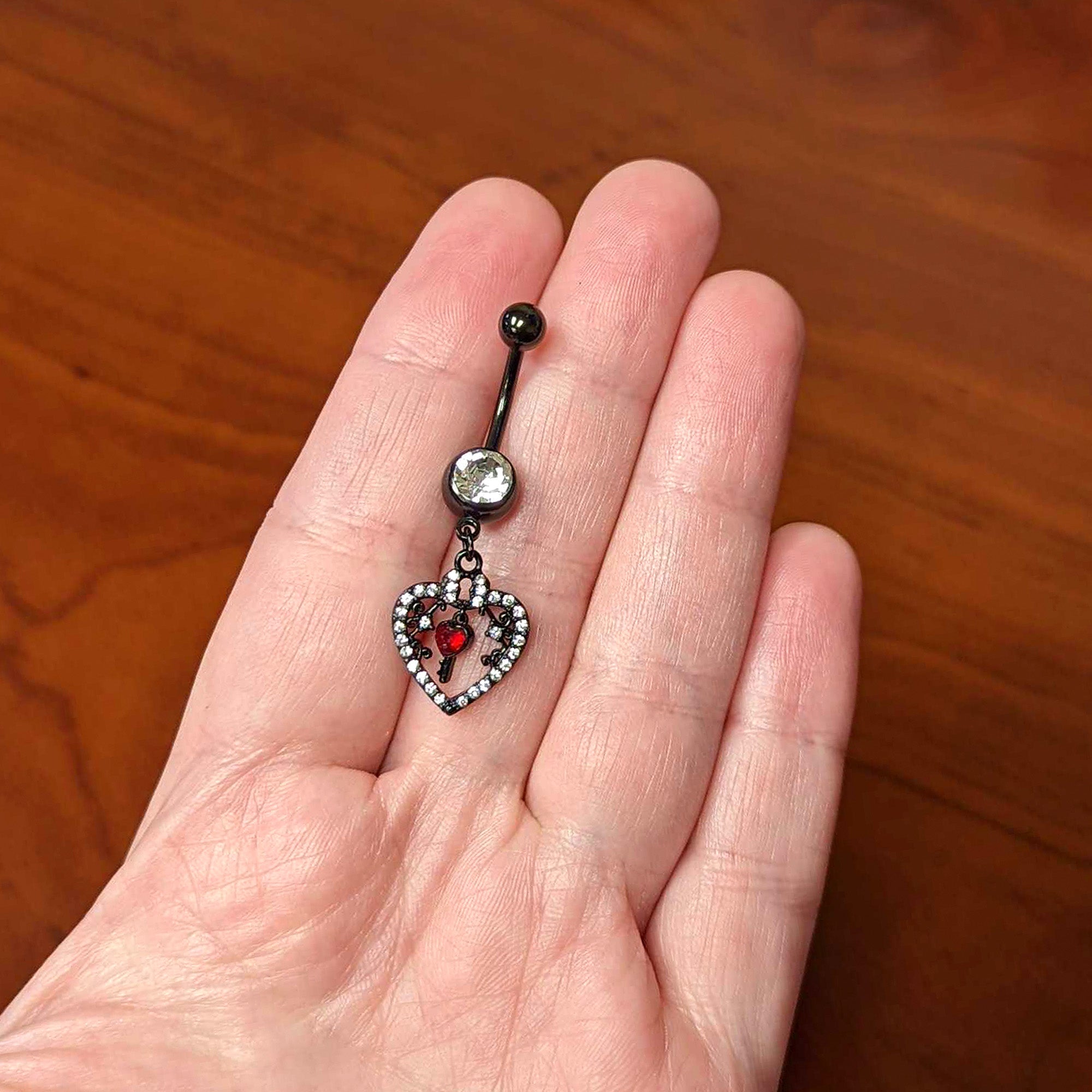 BodyCandy Clear Red Gem Black Heart Key Valentines Dangle Belly Ring — alternative angle