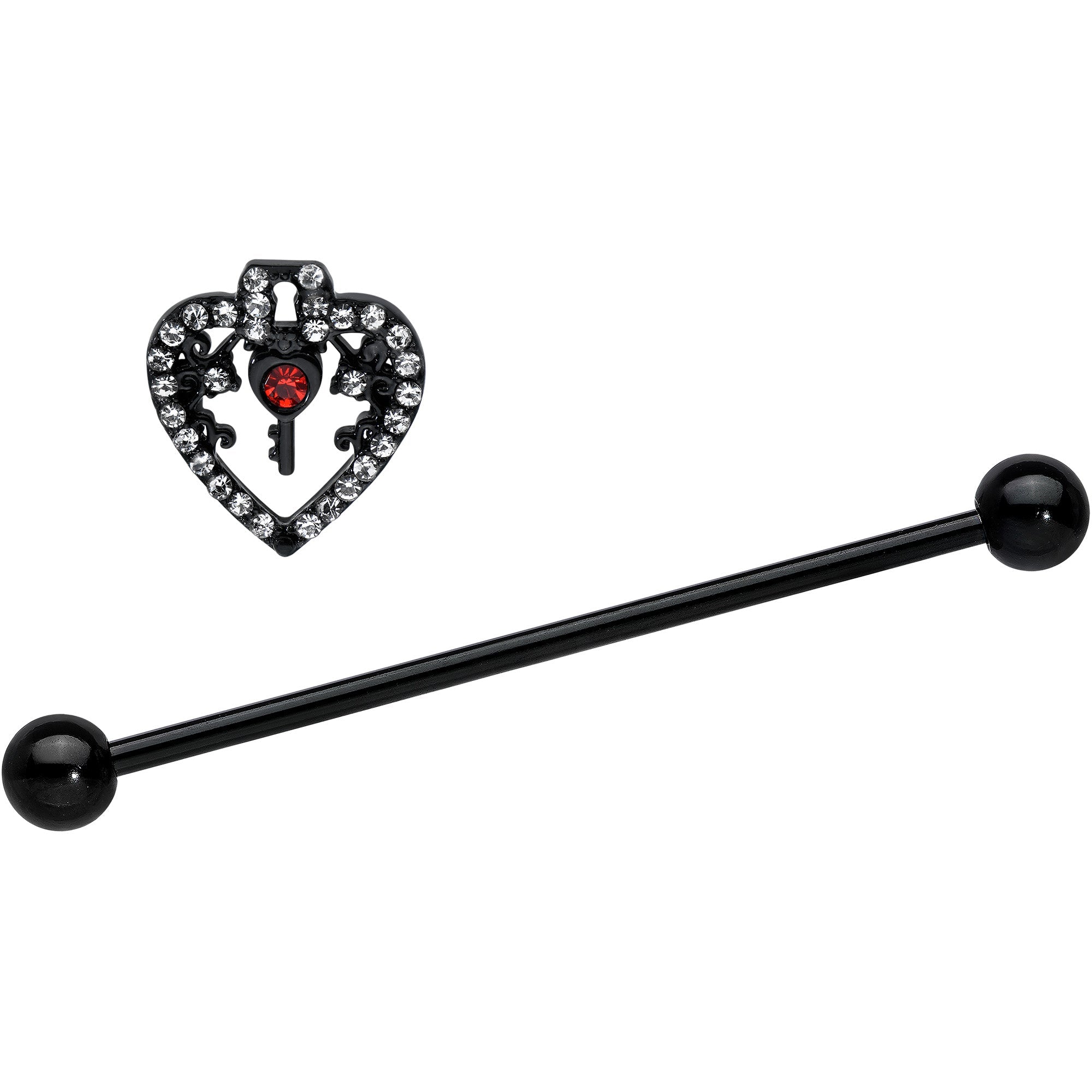 BodyCandy 14G Clear Red Gem Black Key Heart Industrial Barbell 38mm — detail close-up