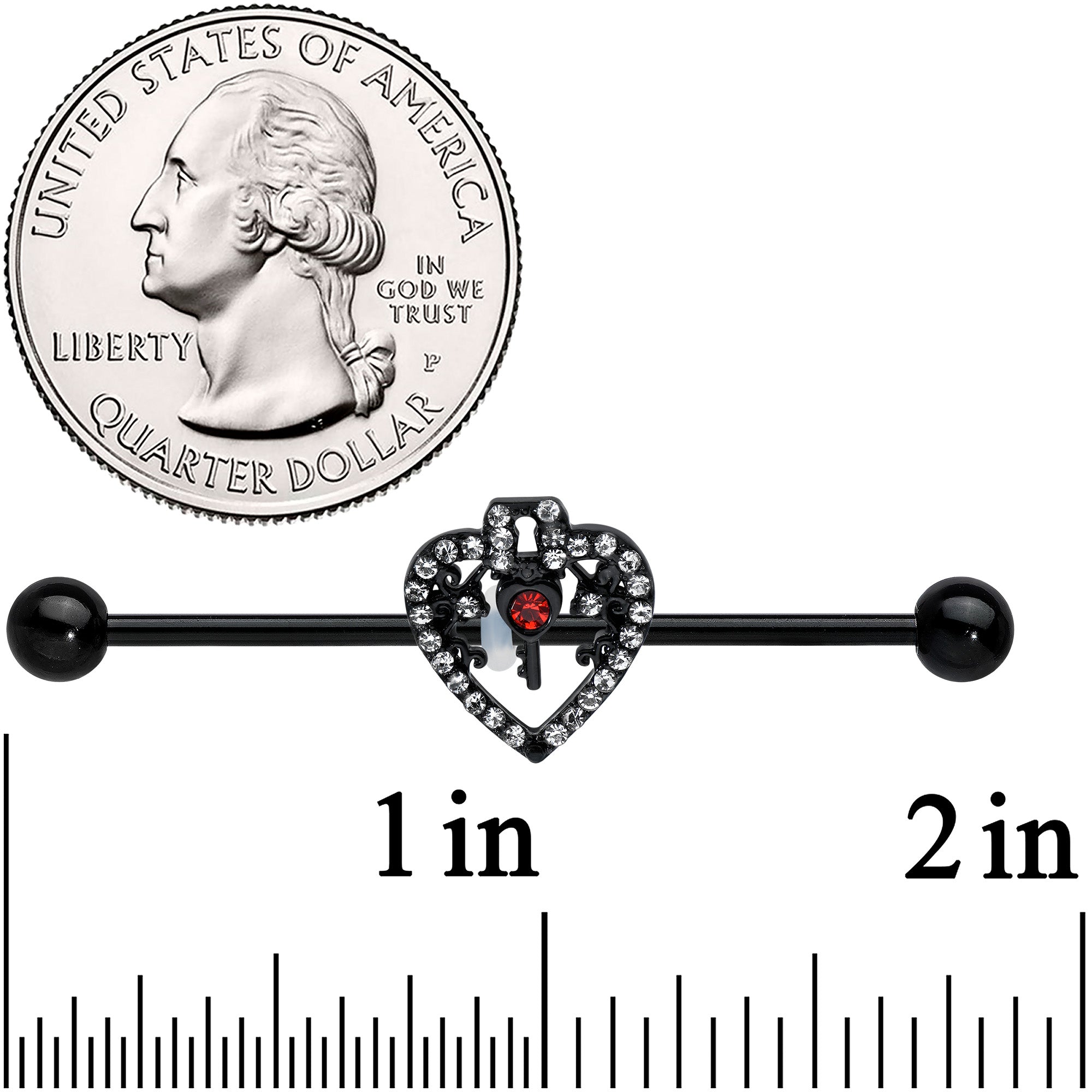 BodyCandy 14G Clear Red Gem Black Key Heart Industrial Barbell 38mm — lifestyle context