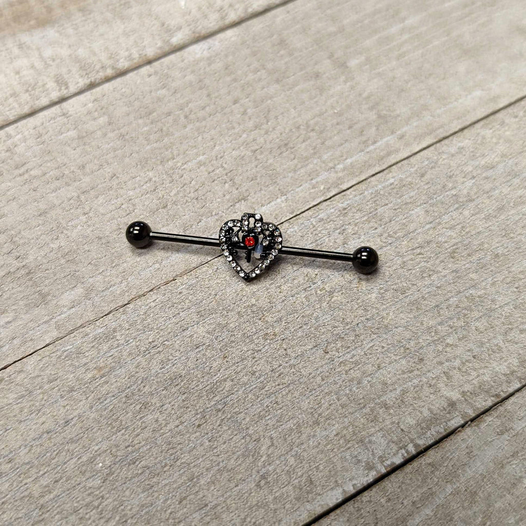 BodyCandy 14G Clear Red Gem Black Key Heart Industrial Barbell 38mm — side view