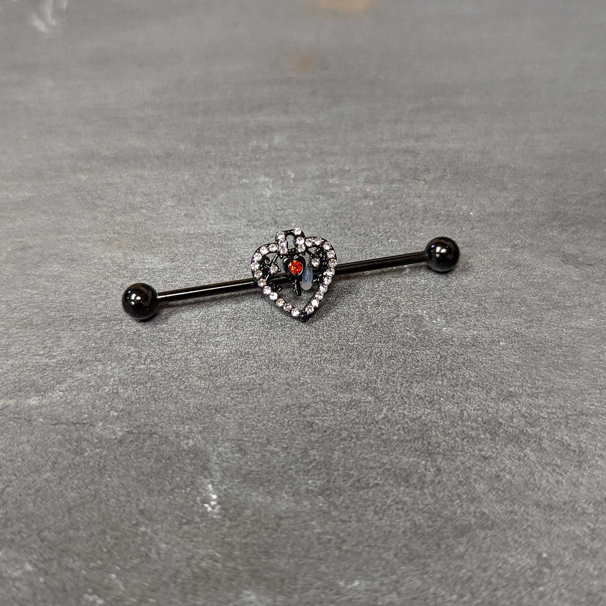 BodyCandy 14G Clear Red Gem Black Key Heart Industrial Barbell 38mm — back view