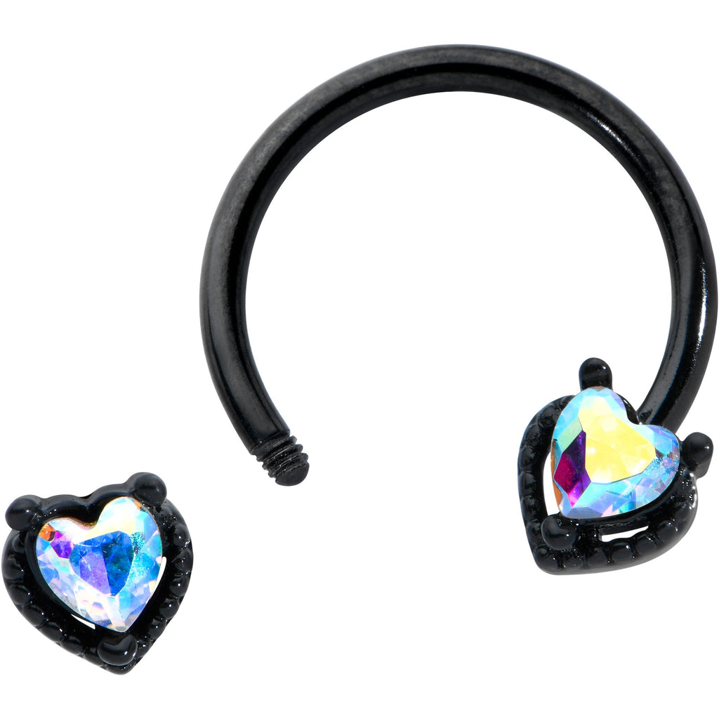 BodyCandy 16G 3/8 Aurora Gem Black Heart Ends Horseshoe Circular Barbell — detail close-up
