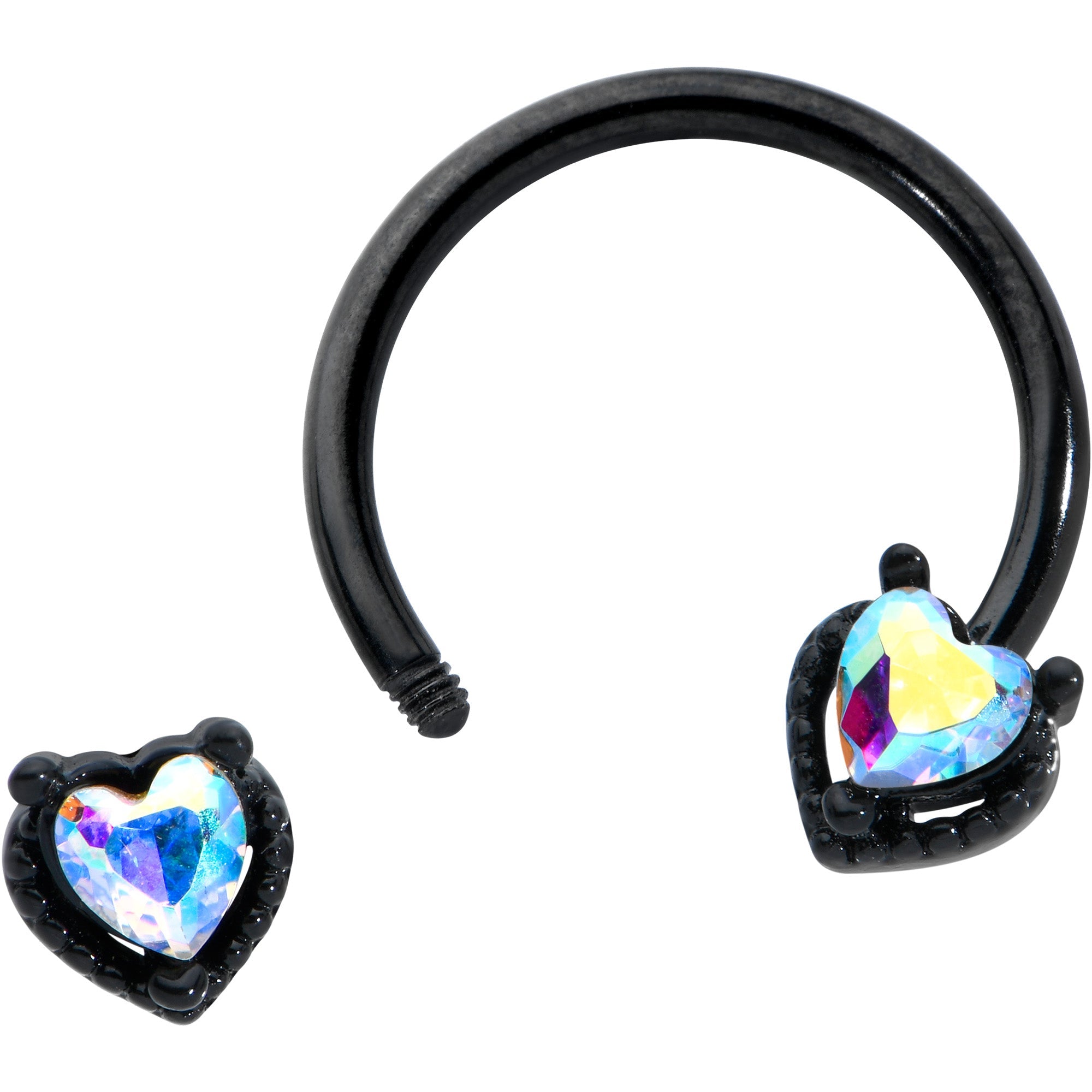 BodyCandy 16G 3/8 Aurora Gem Black Heart Ends Horseshoe Circular Barbell — detail close-up