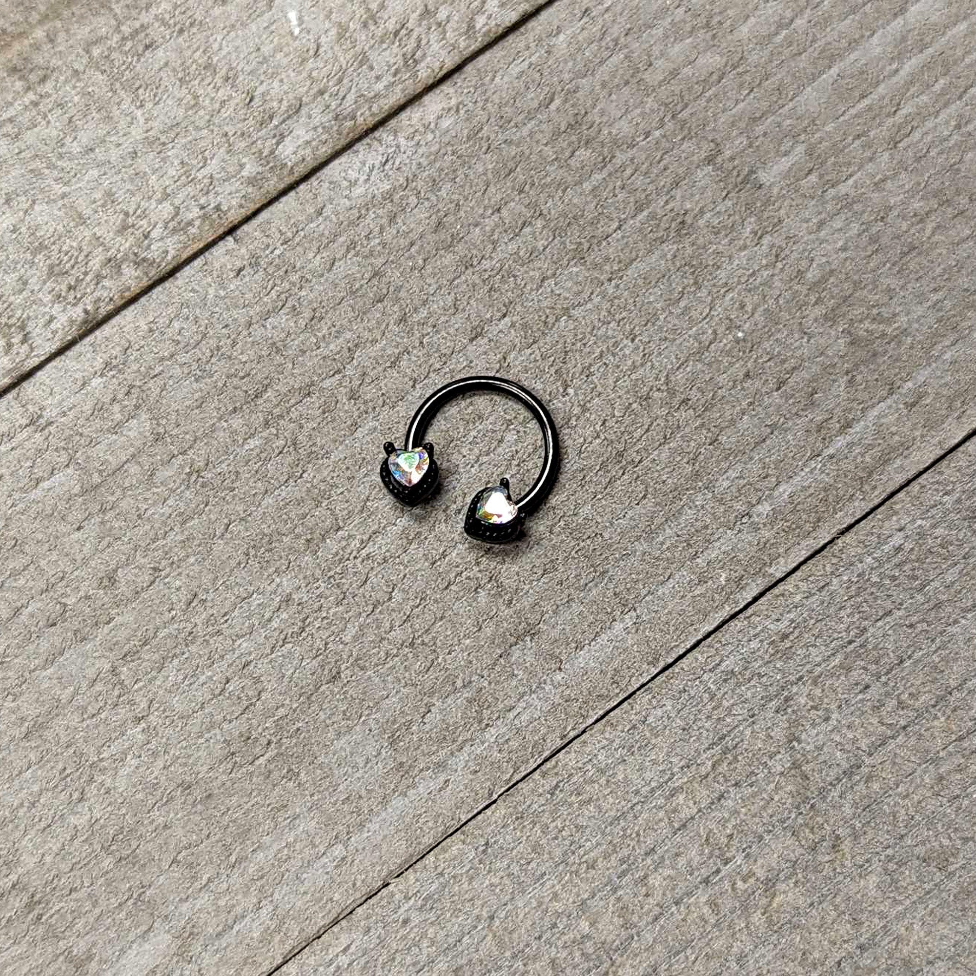 BodyCandy 16G 3/8 Aurora Gem Black Heart Ends Horseshoe Circular Barbell — side view