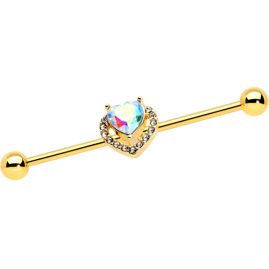 BodyCandy 14G Aurora Gem Gold Hue Rococo Heart Industrial Barbell 38mm — detail close-up