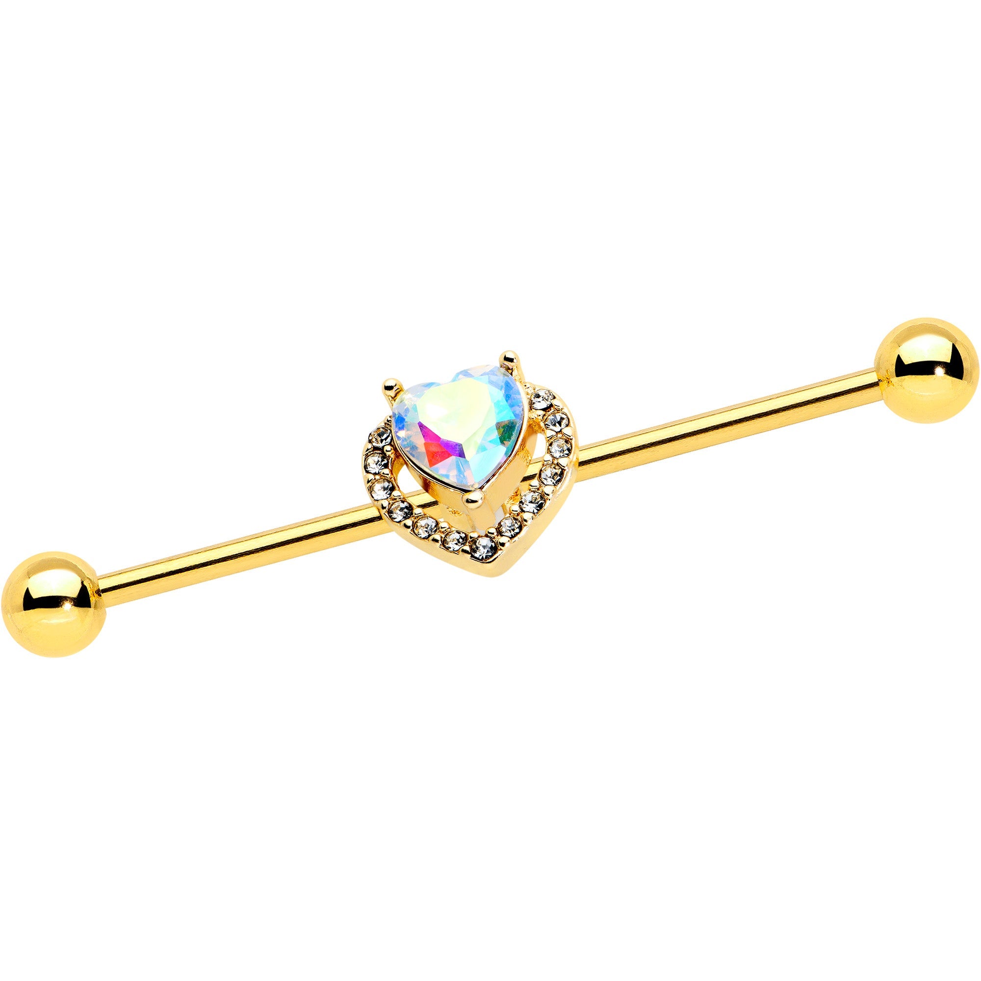 BodyCandy 14G Aurora Gem Gold Hue Rococo Heart Industrial Barbell 38mm — detail close-up