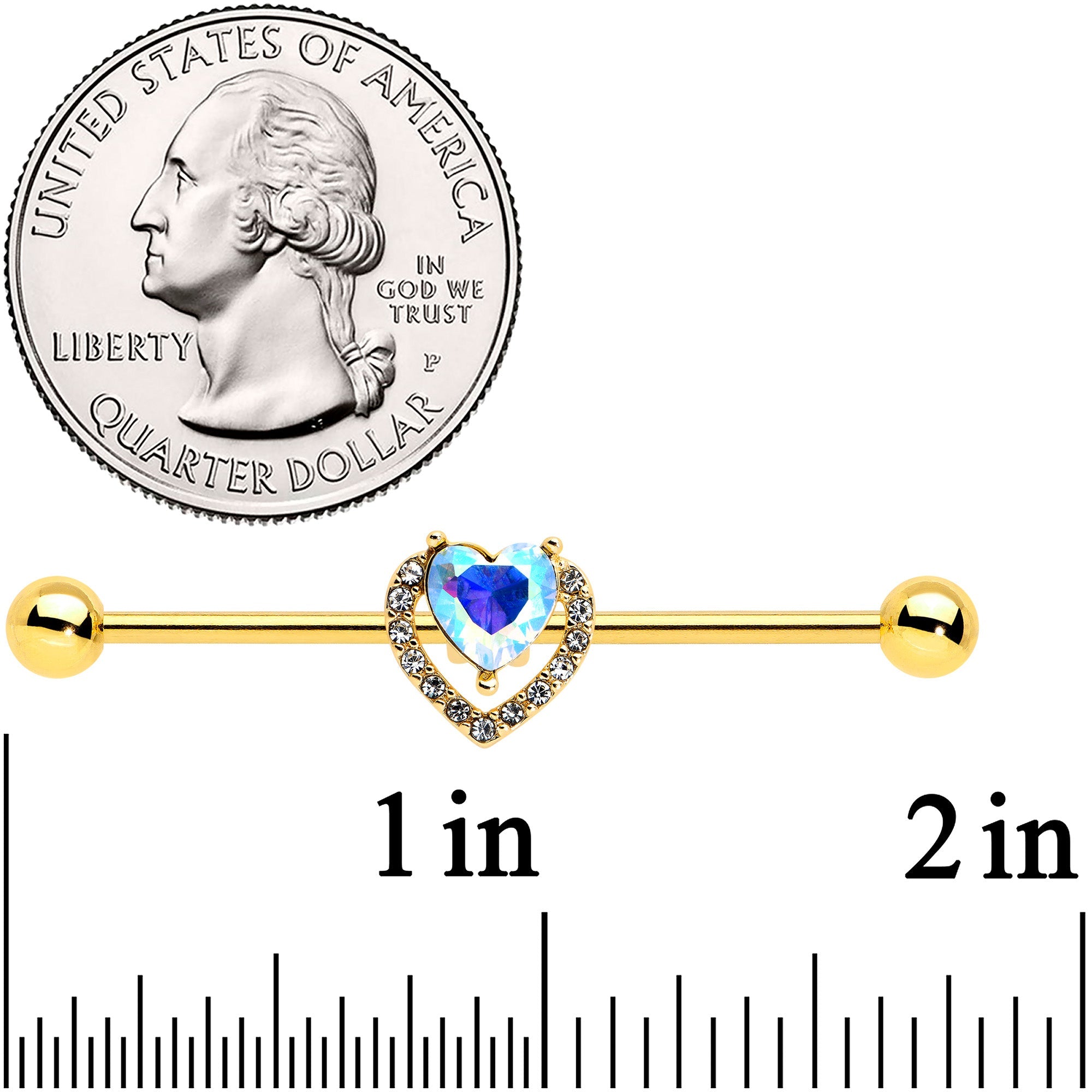 BodyCandy 14G Aurora Gem Gold Hue Rococo Heart Industrial Barbell 38mm — lifestyle context