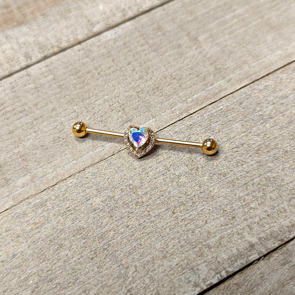 BodyCandy 14G Aurora Gem Gold Hue Rococo Heart Industrial Barbell 38mm — side view