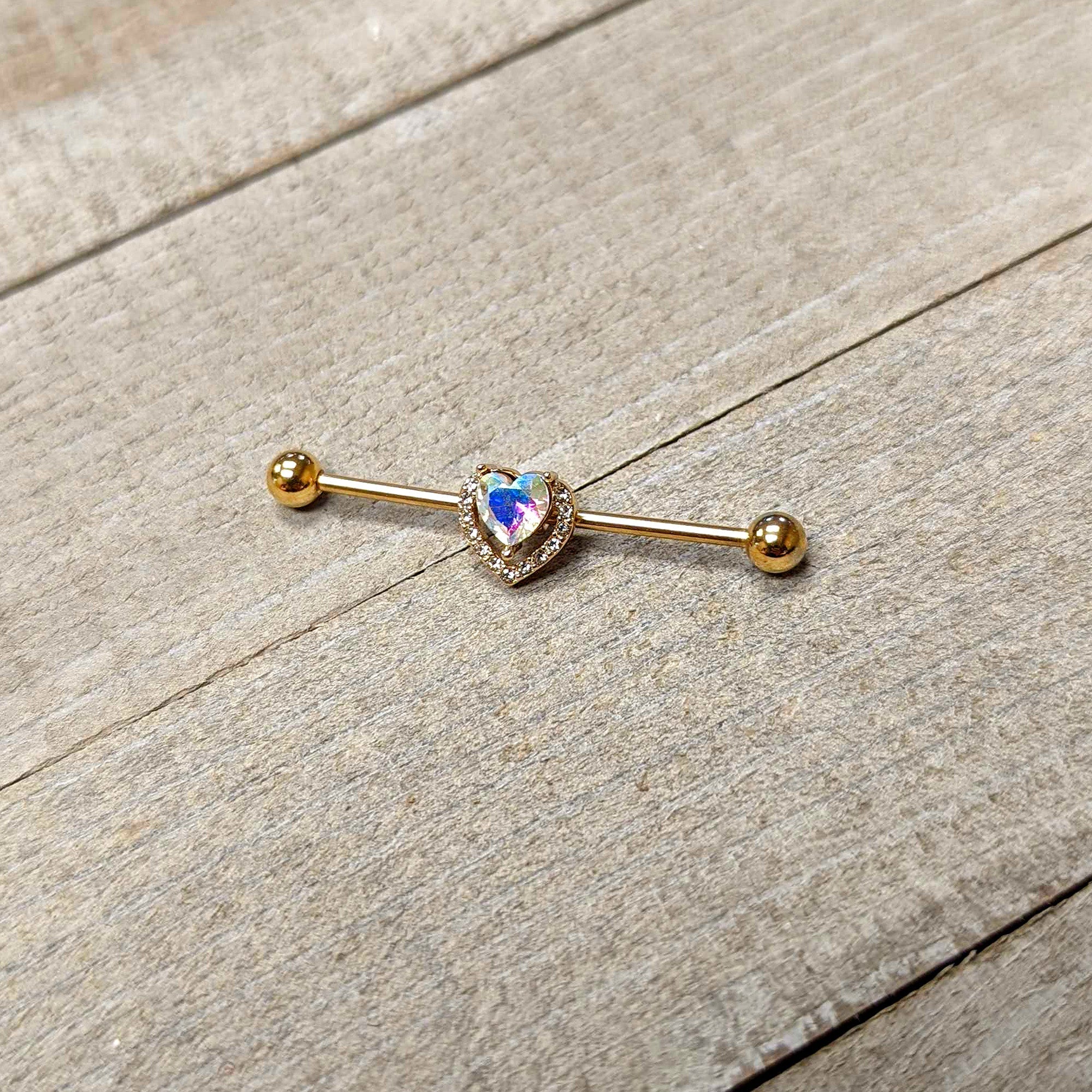 BodyCandy 14G Aurora Gem Gold Hue Rococo Heart Industrial Barbell 38mm — side view