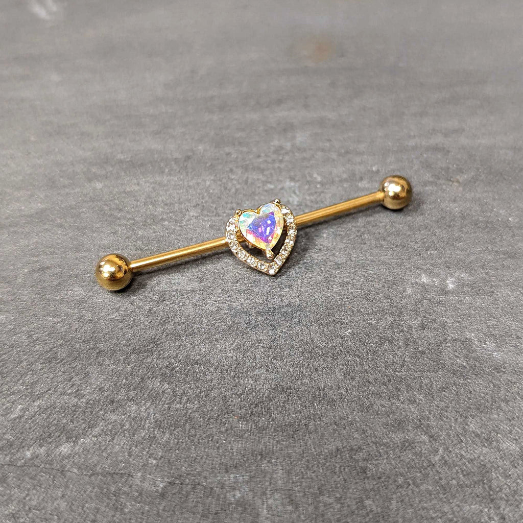 BodyCandy 14G Aurora Gem Gold Hue Rococo Heart Industrial Barbell 38mm — back view