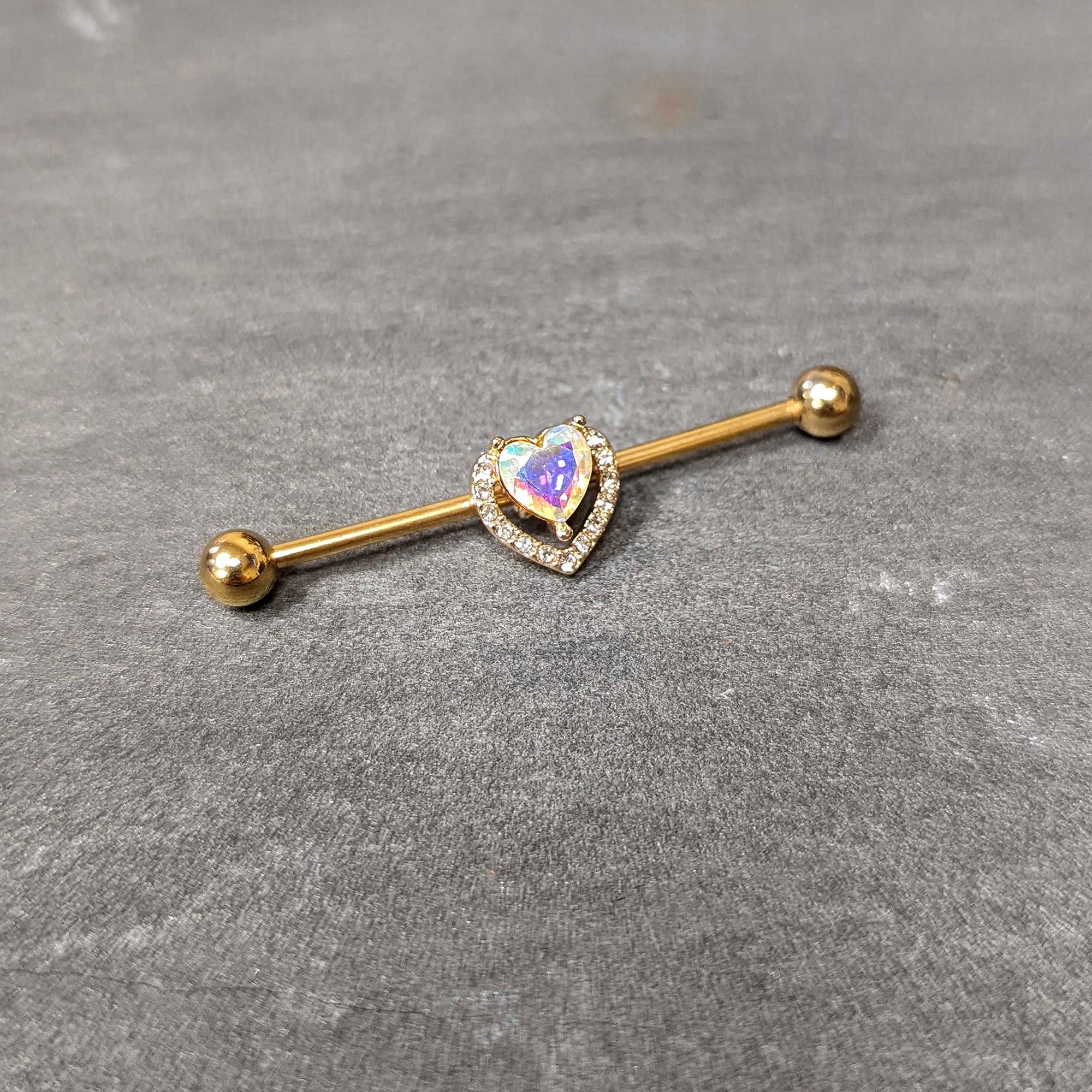 BodyCandy 14G Aurora Gem Gold Hue Rococo Heart Industrial Barbell 38mm — back view