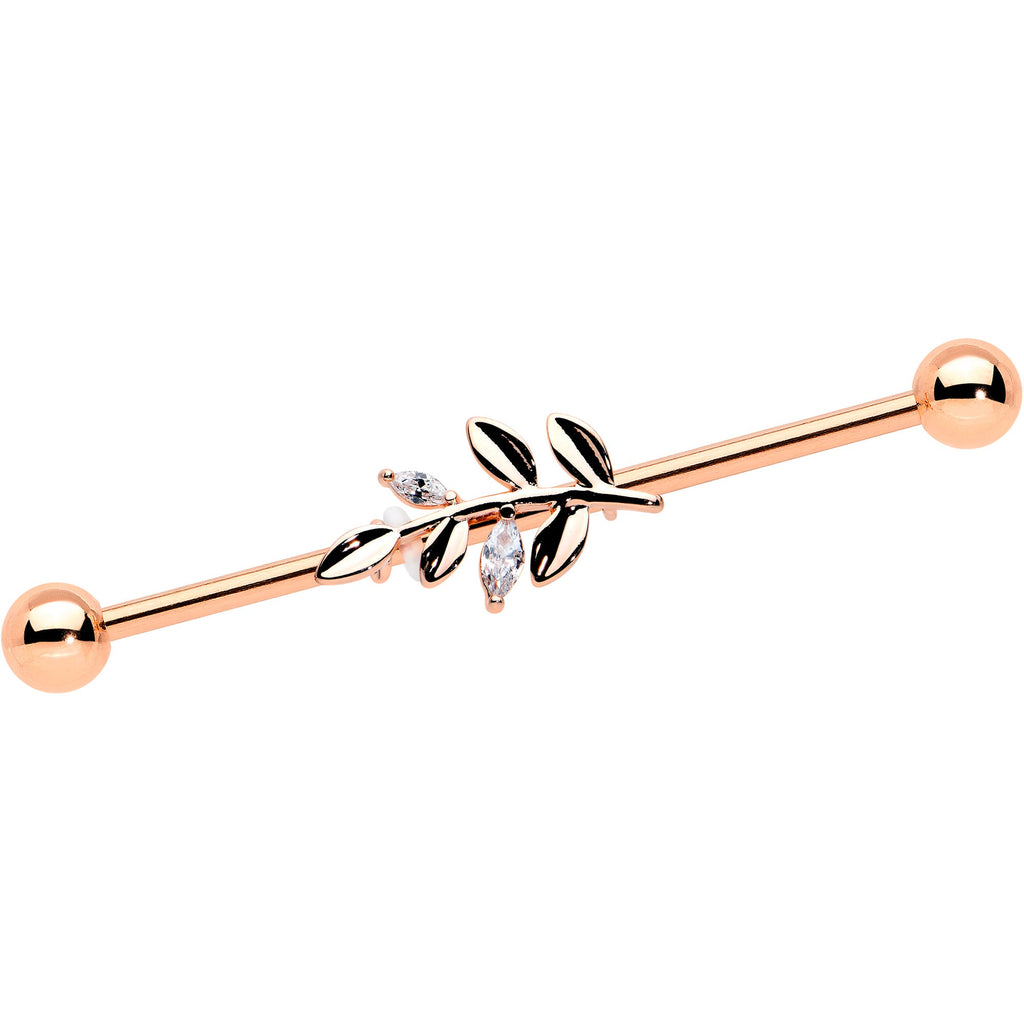 BodyCandy 14G Clear CZ Gem Rose Gold Hue Simple Leaf Industrial Barbell 38mm — main product shot