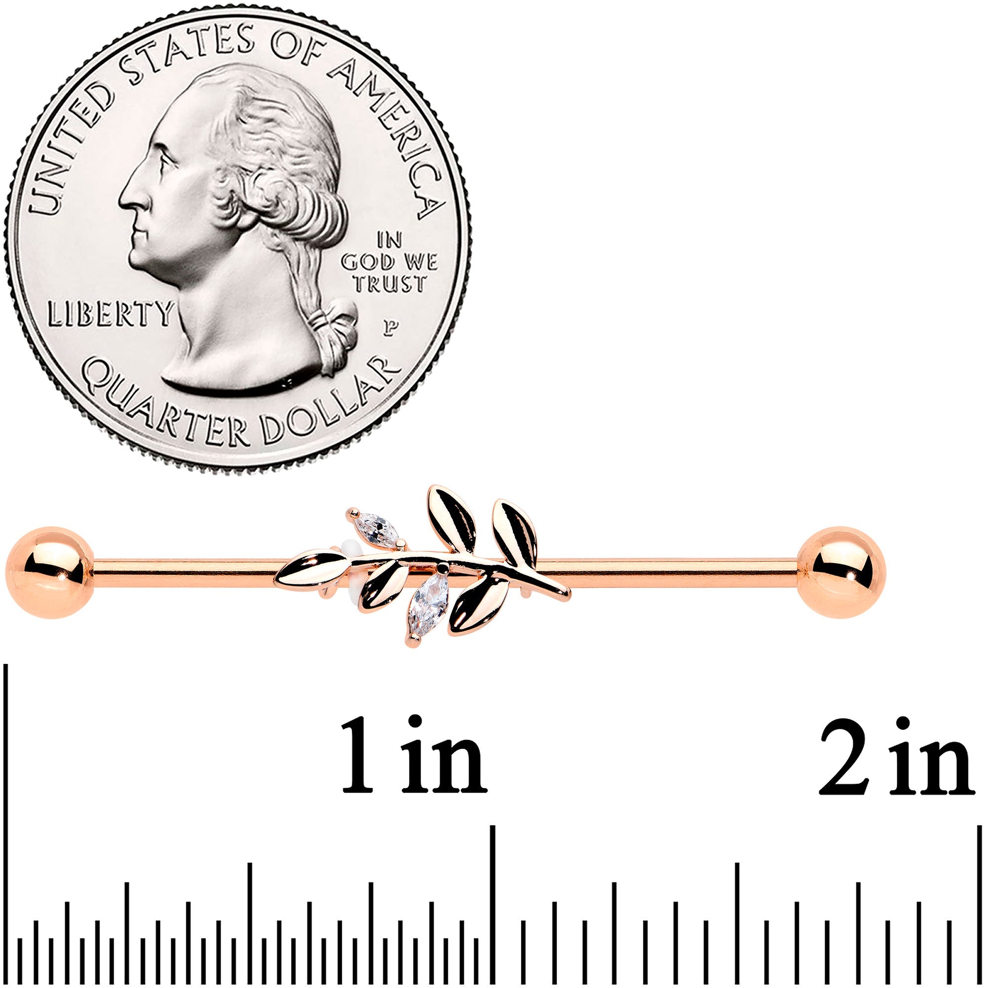 BodyCandy 14G Clear CZ Gem Rose Gold Hue Simple Leaf Industrial Barbell 38mm — detail close-up