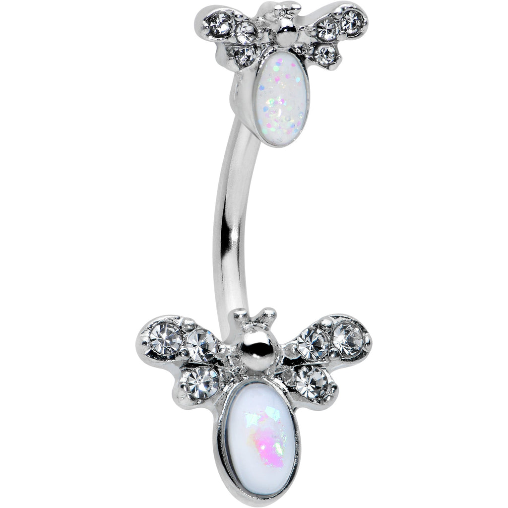 BodyCandy White Faux Opal Clear Gem Double Butterfly Double Mount Belly Ring — main product shot