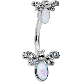 White Faux Opal Clear Gem Double Butterfly Double Mount Belly Ring
