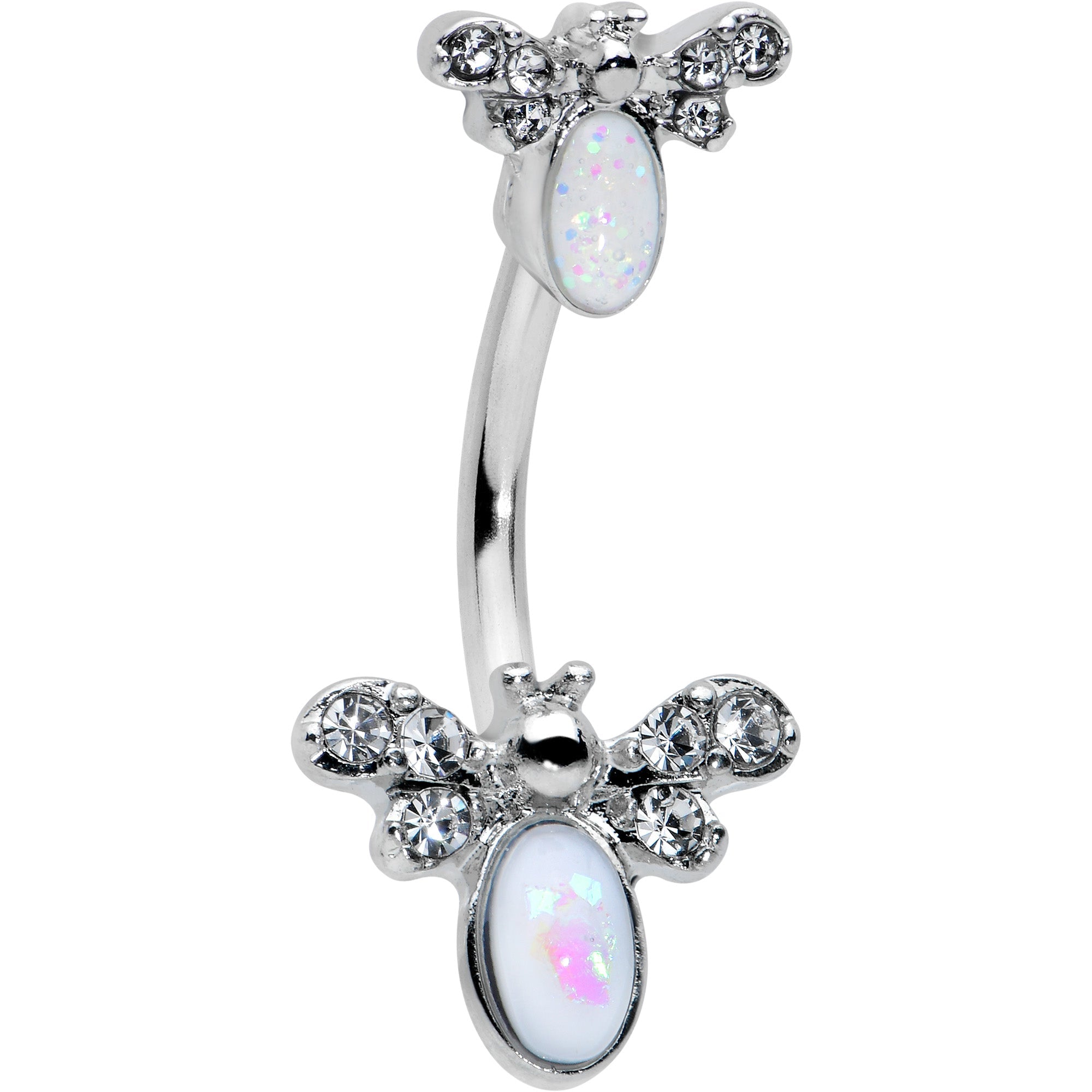 BodyCandy White Faux Opal Clear Gem Double Butterfly Double Mount Belly Ring — main product shot