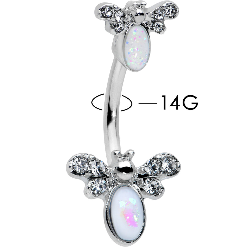 BodyCandy White Faux Opal Clear Gem Double Butterfly Double Mount Belly Ring — detail close-up