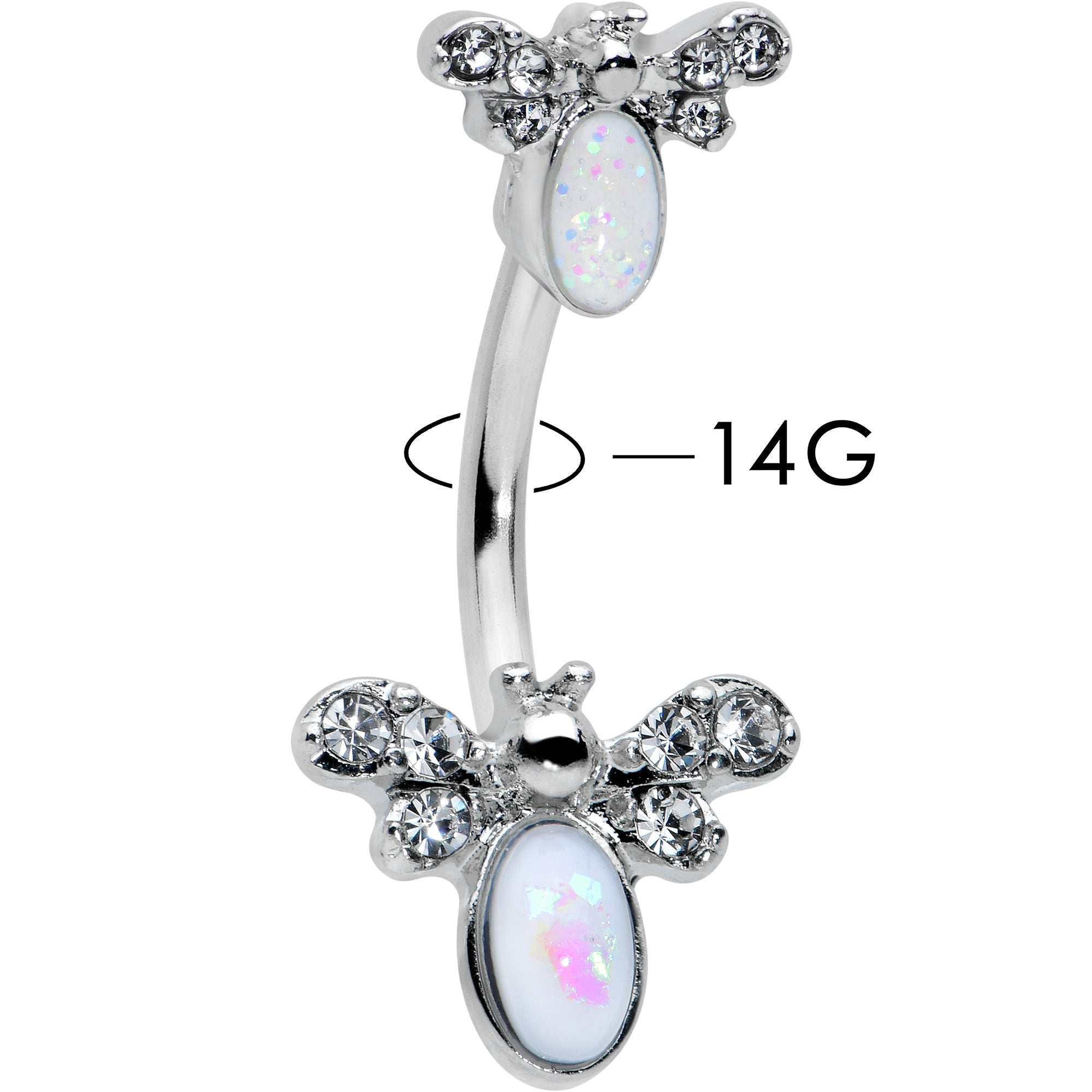 BodyCandy White Faux Opal Clear Gem Double Butterfly Double Mount Belly Ring — detail close-up