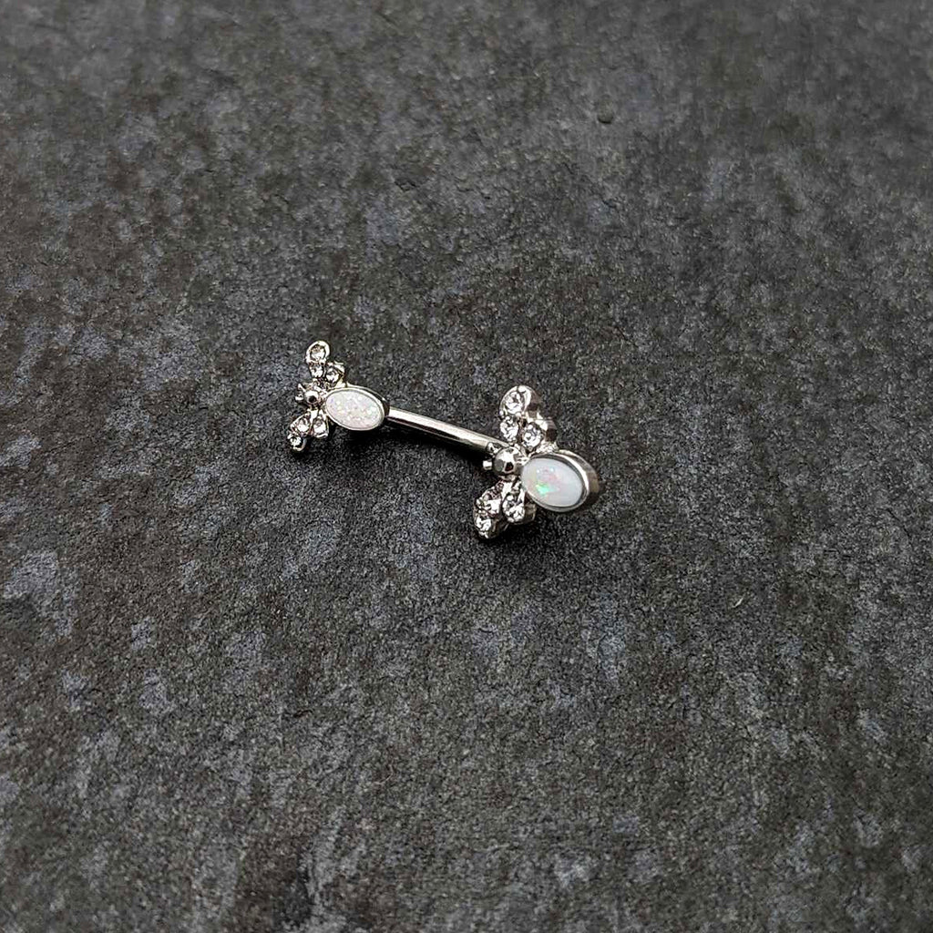 BodyCandy White Faux Opal Clear Gem Double Butterfly Double Mount Belly Ring — side view