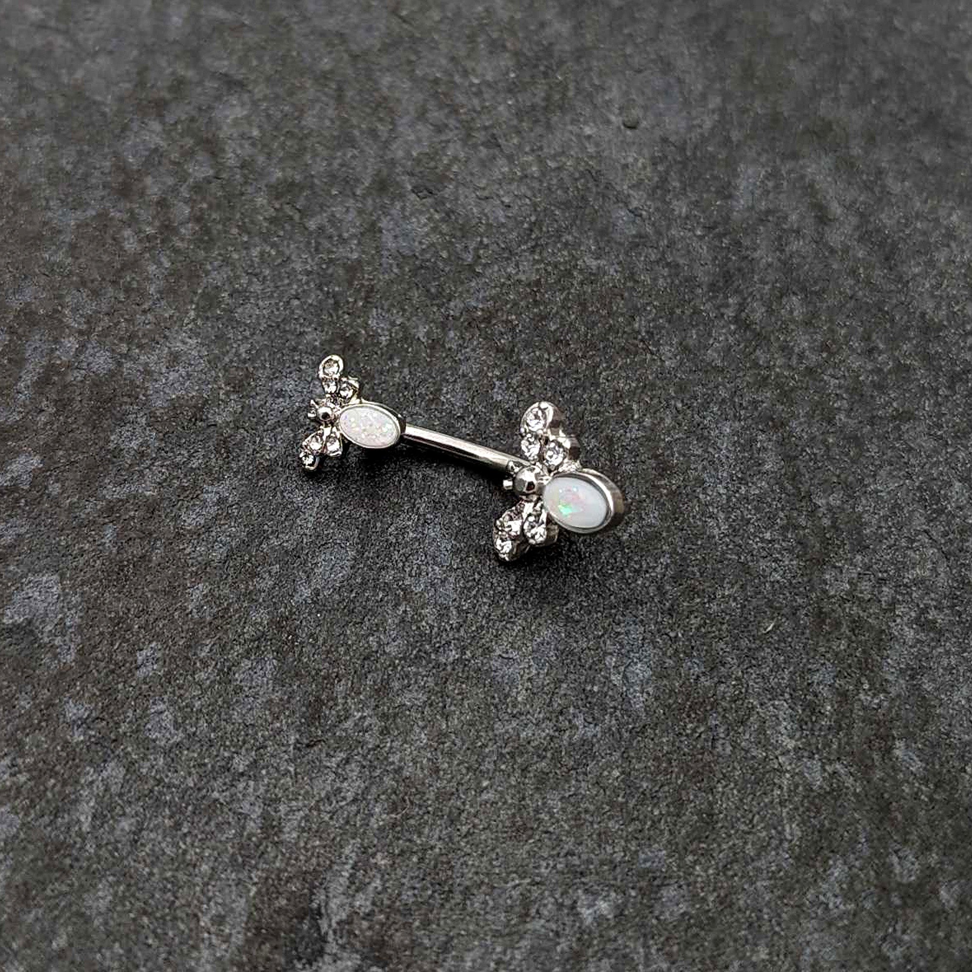 BodyCandy White Faux Opal Clear Gem Double Butterfly Double Mount Belly Ring — side view