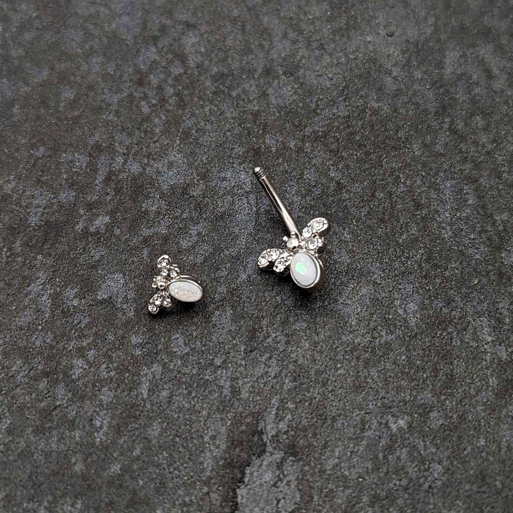 BodyCandy White Faux Opal Clear Gem Double Butterfly Double Mount Belly Ring — back view
