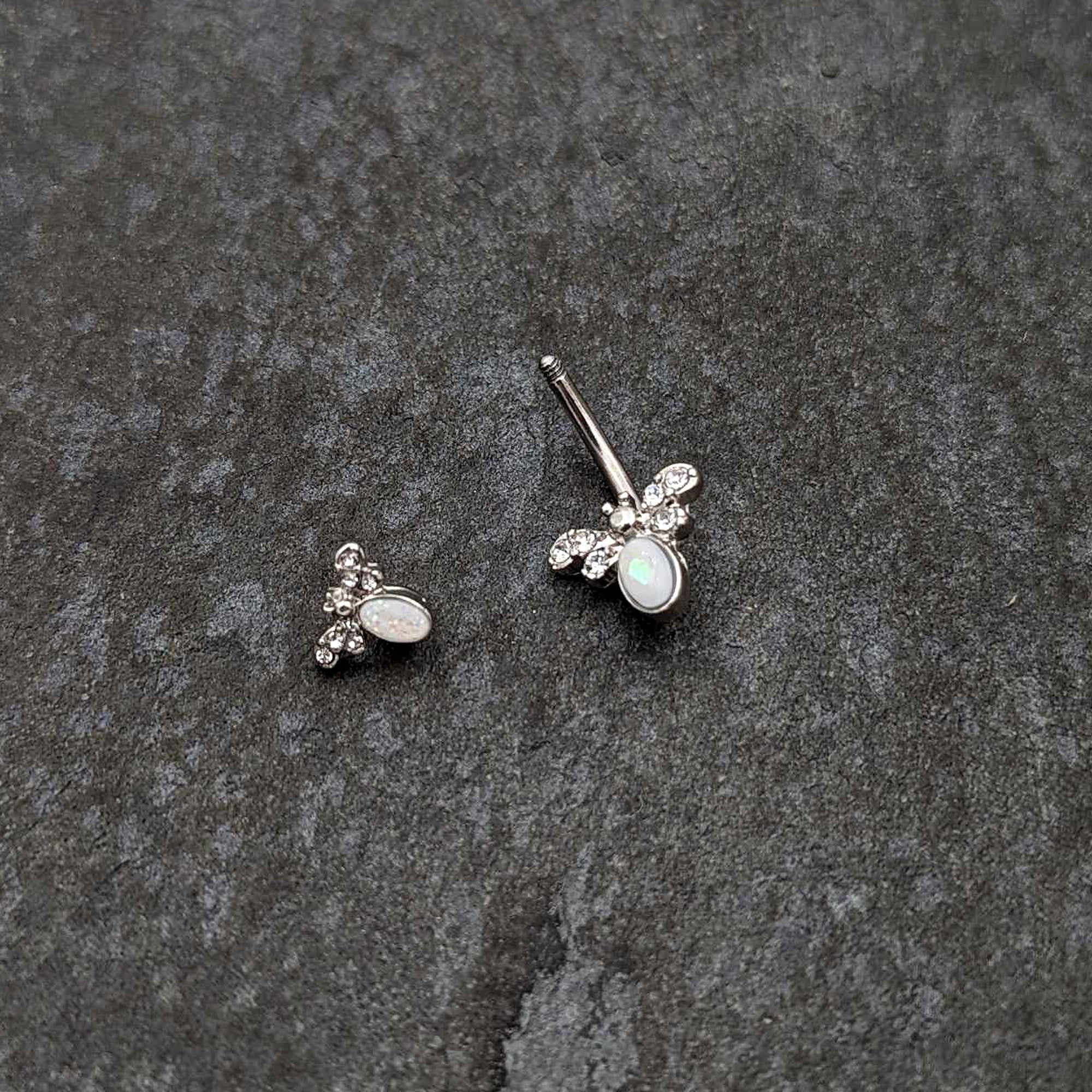 BodyCandy White Faux Opal Clear Gem Double Butterfly Double Mount Belly Ring — back view